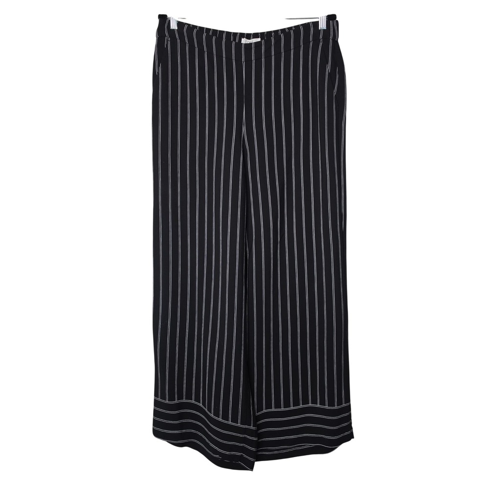 Loft Pants Womens L Black Pinstripe Wide Leg Cropped Elastic Waist Rayon 140923